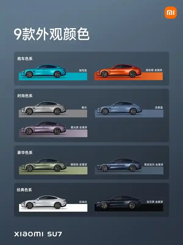 小米SU7九款炫彩配色、四种时尚内饰，选哪个？官方攻略来袭！