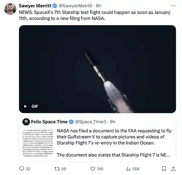 SpaceX星舰预定迎来第七次试飞：定档明年1月11日