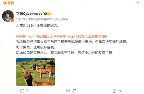 荣耀Magic7系列大放异彩！罗巍称手机拍照只有两家友商可匹敌