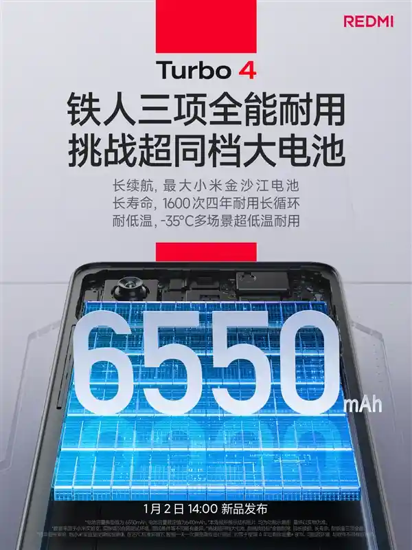震撼登场！REDMI Turbo 4首发配备6550mAh巨型电池，购机即送五年电池保障！