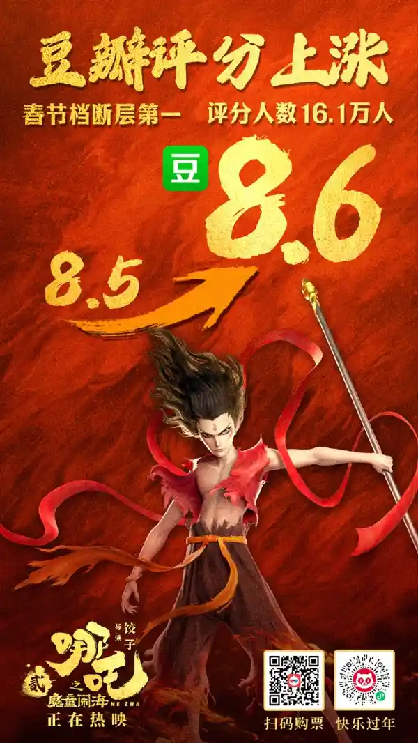 《哪吒之魔童闹海》口碑飙升，豆瓣评分突破8.6！官方感谢支持者的力量助力