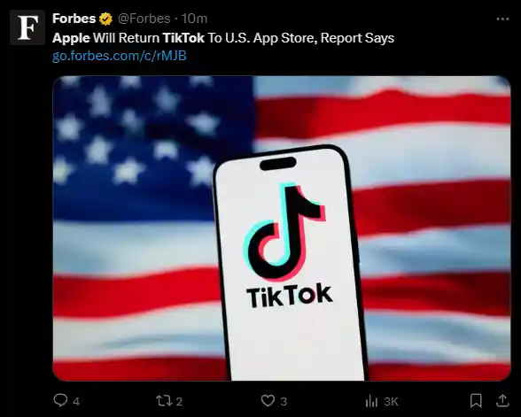 美国App Store宣布TikTok重新上线！不合规将面临禁售倒计时75天