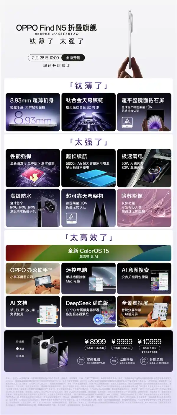 [颠覆想象！OPPO Find N5搭载全球最薄8.93mm折叠屏，售价8999元起]